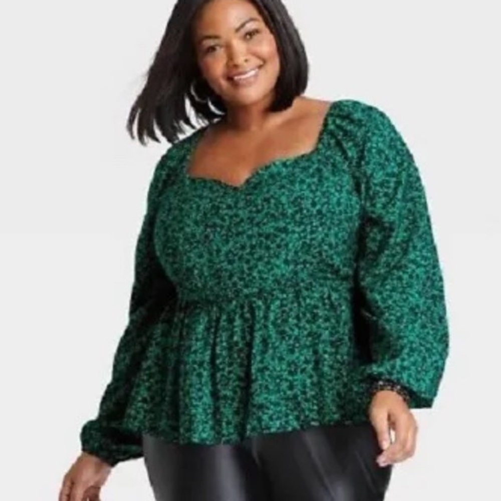 Ava & Viv Plus Size 3X Long Sleeve Sweetheart Peplum Top Green & black blouse - Picture 1 of 8
